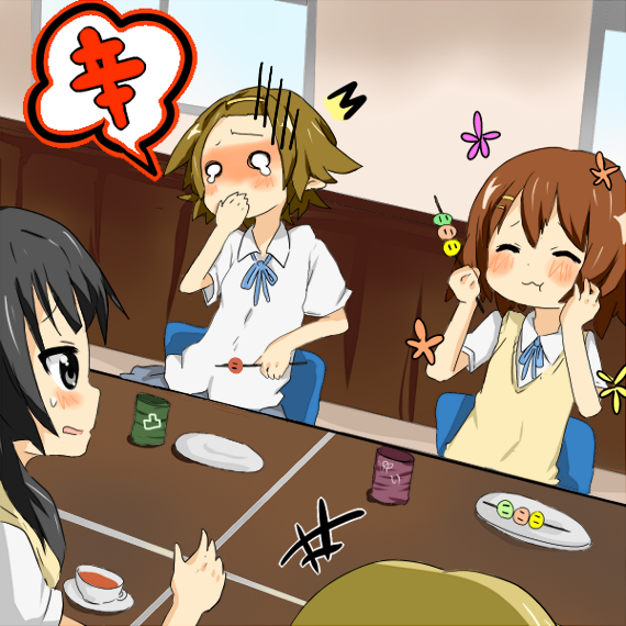 haru (goalstyle), akiyama mio, hirasawa yui, kotobuki tsumugi, tainaka ritsu, clannad, dango daikazoku, k-on!, bad id, bad pixiv id, 00s, 4girls, black eyes, black hair, blonde hair, blush, brown hair, chair, closed eyes, covering own mouth, cup, dango, dutch angle, food, ho-kago tea time, multiple girls, open mouth, plate, sauce, school uniform, sitting, skewer, sweat, sweater vest, table, tea, teacup, tears, wagashi, yunomi
