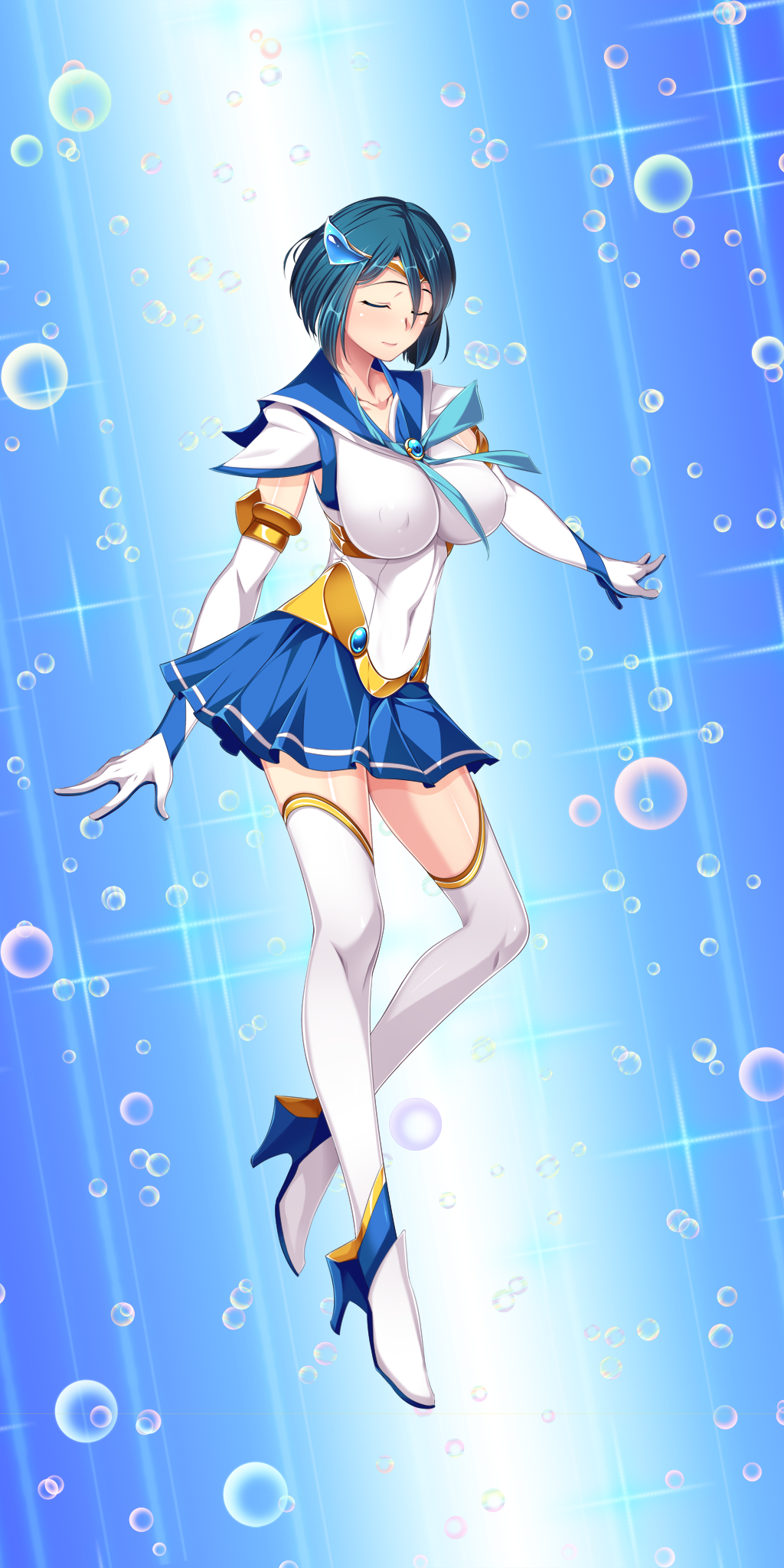nana g, mizushima aoi, sailor element, game cg, highres, non-web source, official art, variant set, 1girl, alternate costume, blue hair, blue sailor collar, blue skirt, boots, breasts, bubble, closed eyes, covered erect nipples, covered navel, elbow gloves, full body, gloves, hair ornament, high heels, impossible clothes, impossible shirt, large breasts, magical girl, pleated skirt, sailor aqua (sailor element), sailor collar, sailor senshi uniform, shirt, short hair, skirt, smile, solo, thighhighs, underwater, white gloves, white thighhighs, zettai ryouiki