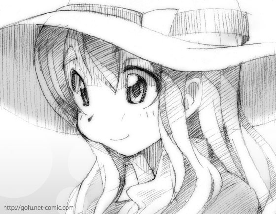 gofu, kotobuki tsumugi, k-on!, traditional media, 00s, 1girl, female focus, greyscale, hat, monochrome, sketch, smile, solo