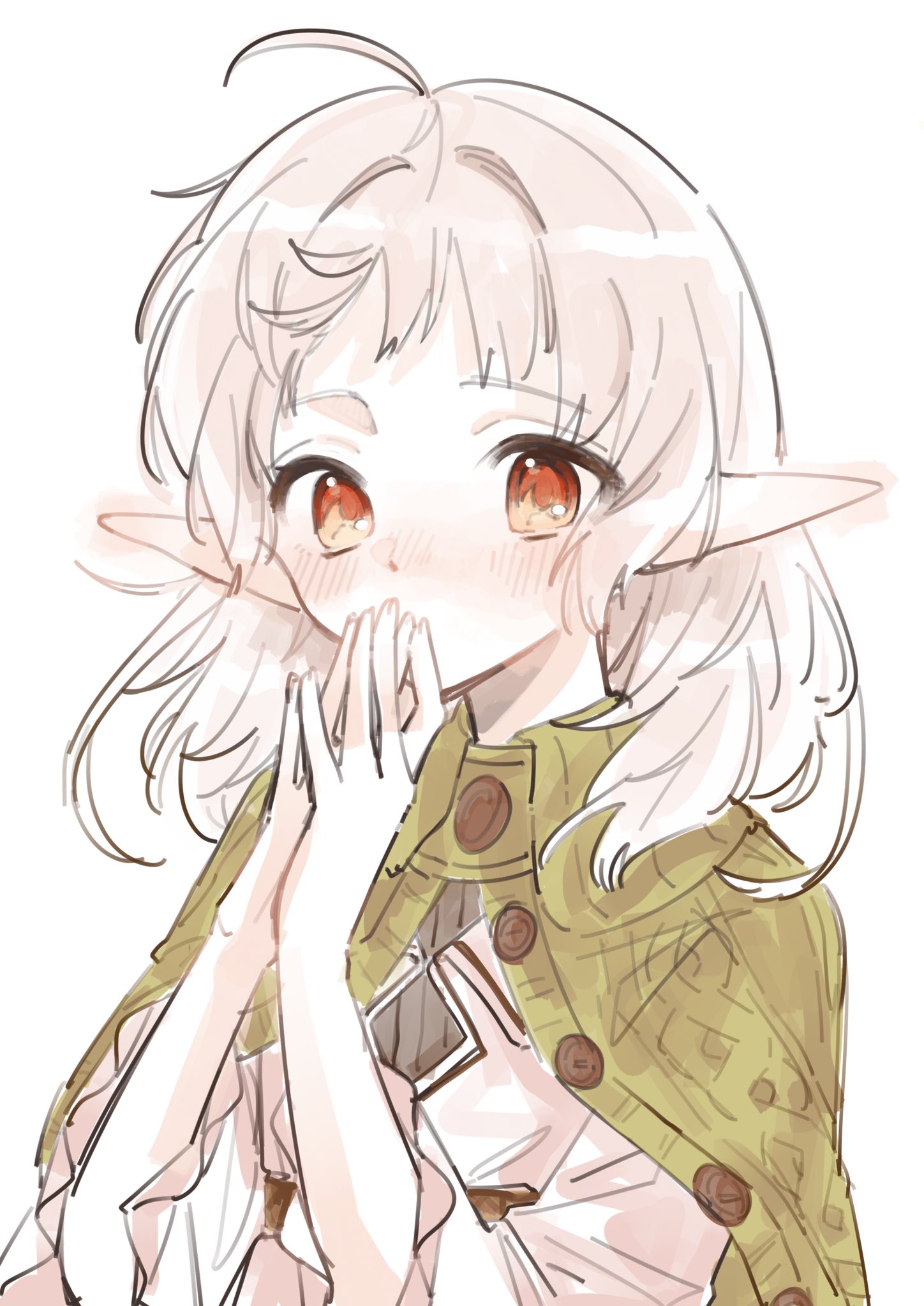 spica59, sylphiette (mushoku tensei), mushoku tensei, highres, 1girl, ahoge, capelet, covering own mouth, elf, green capelet, hand over own mouth, looking at viewer, medium hair, pointy ears, red eyes, solo, white background, white hair