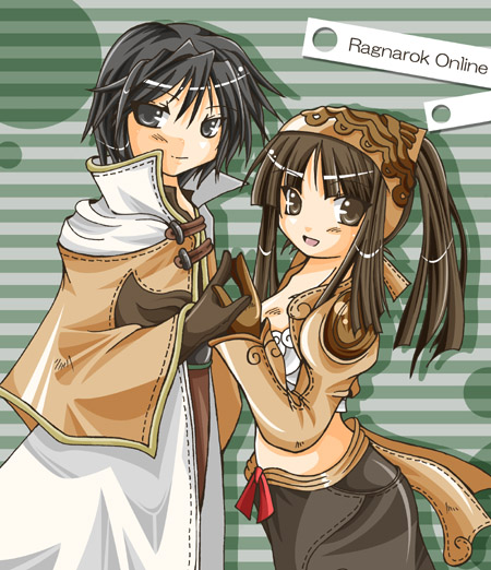 akiiyuuri, mage (ragnarok online), thief (ragnarok online), ragnarok online, commentary request, 1boy, 1girl, 2000s (style), black hair, blush, bra, brown capelet, brown eyes, brown gloves, brown hair, brown headscarf, brown jacket, cape, capelet, closed mouth, copyright name, cowboy shot, gloves, green background, grey eyes, headscarf, high ponytail, holding hands, jacket, long hair, long sleeves, looking at viewer, open mouth, ponytail, short hair, shrug (clothing), smile, striped background, underwear, white bra, white cape