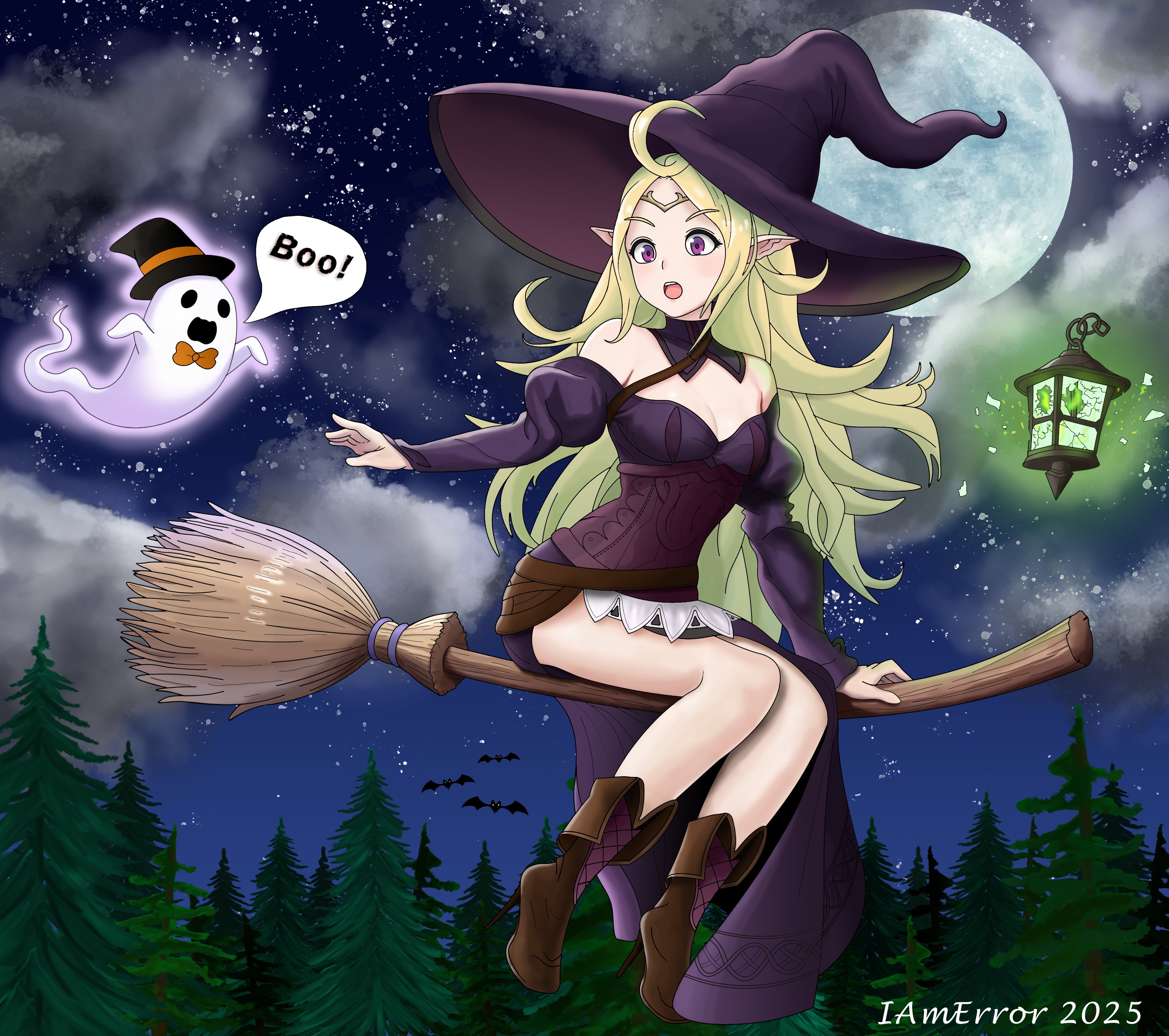 iamerror14, nowi (fire emblem), fire emblem, fire emblem awakening, nintendo, absurdres, commission, highres, skeb commission, 1girl, ahoge, alternate costume, bare shoulders, boots, breasts, broom, cleavage, detached collar, english text, fold-over boots, full moon, ghost, green hair, halloween, halloween costume, hat, holding, holding broom, knee boots, lantern, leather, leather boots, medium breasts, moon, night, night sky, open mouth, pointy ears, purple eyes, sky, witch, witch (fire emblem fates), witch hat