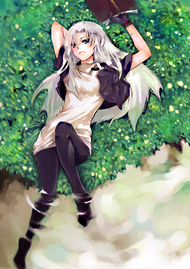 kinou (momen), kinu (p kinu22), sakurako (sakurawe), original, bad id, bad pixiv id, 1girl, blue eyes, book, female focus, gloves, long hair, lying, pantyhose, solo, water, white hair