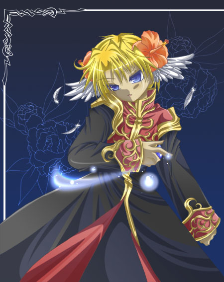 akiiyuuri, priest (ragnarok online), ragnarok online, commentary request, 1boy, 2000s (style), black coat, blonde hair, blue background, blue eyes, coat, cowboy shot, feathered wings, flower, gold trim, hair flower, hair ornament, head wings, long sleeves, looking at viewer, magic, male focus, multicolored coat, open mouth, orange flower, red coat, short hair, solo, two-tone coat, white wings, wings