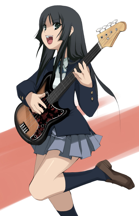 mu 2847, akiyama mio, k-on!, bad id, bad pixiv id, 00s, 1girl, bass guitar, black eyes, black hair, blunt bangs, female focus, guitar, hime cut, instrument, long hair, school uniform, solo