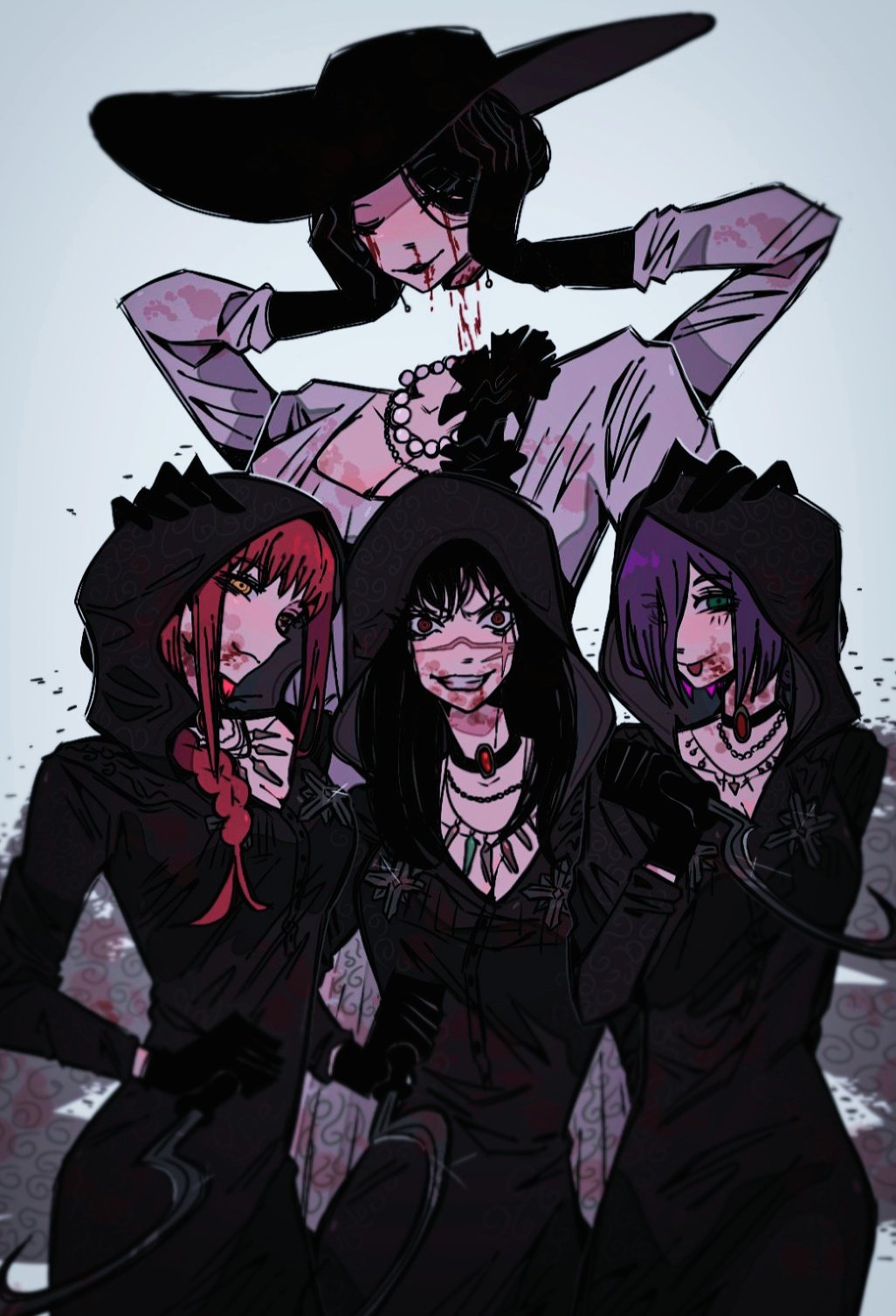 31ulkubo, alcina dimitrescu, bela dimitrescu, cassandra dimitrescu, daniela dimitrescu, falling devil (chainsaw man), makima (chainsaw man), mitaka asa, reze (chainsaw man), yoru (chainsaw man), chainsaw man, resident evil, resident evil village, highres, 4girls, alcina dimitrescu (cosplay), bela dimitrescu (cosplay), black blood, black choker, black flower, black gloves, black hair, black hood, black tears, blood, blood drip, blood from mouth, blood on breasts, blood on face, blood on mouth, bloody tears, braid, braided ponytail, breasts, cassandra dimitrescu (cosplay), choker, cleavage, closed eyes, closed mouth, corsage, cosplay, crazy eyes, crazy smile, cross scar, daniela dimitrescu (cosplay), disembodied head, dress, earrings, elbow gloves, extra arms, facial scar, flower, gloves, green eyes, hair between eyes, hat, holding, holding detached head, holding sickle, hood, hooded dress, jewelry, large breasts, long arms, long hair, long sleeves, looking at viewer, makeup, mature female, medium breasts, medium hair, multiple girls, necklace, nosebleed, pale skin, pearl earrings, pearl necklace, purple hair, red eyes, red hair, ringed eyes, scar, scar on cheek, scar on face, scar on nose, severed head, short hair, sickle, sidelocks, simple background, smile, sun hat, tall female, vampire, white dress, yellow eyes