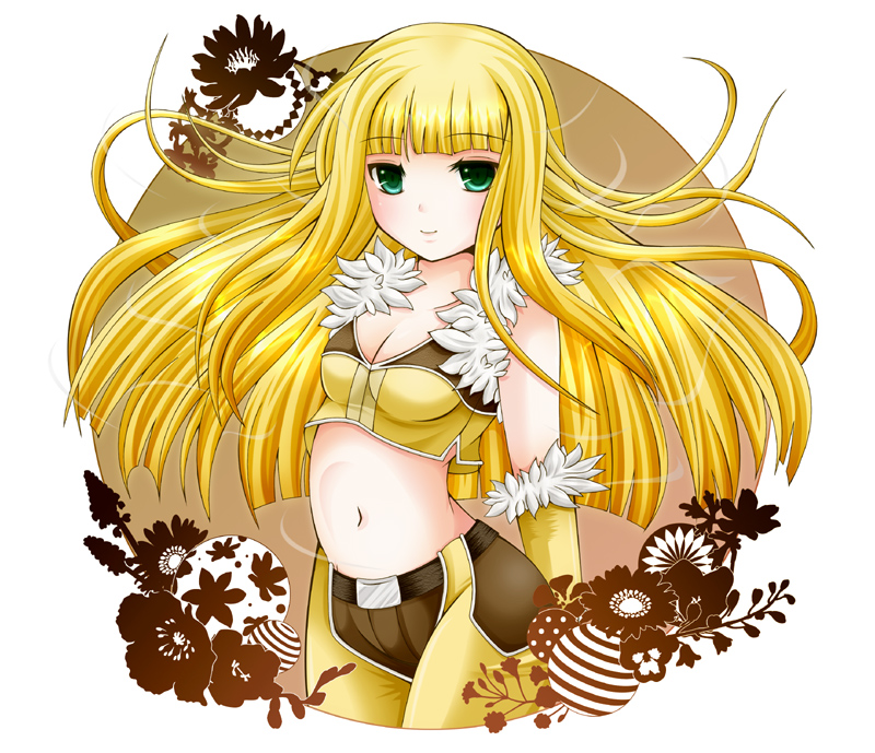 akiiyuuri, cecil damon, sniper (ragnarok online), ragnarok online, commentary request, 1girl, 2000s (style), arms behind back, blonde hair, blunt bangs, blush, breasts, brown flower, brown shirt, brown shorts, cleavage, closed mouth, crop top, floating hair, flower, fur-trimmed gloves, fur-trimmed shirt, fur trim, gloves, green eyes, long hair, looking at viewer, medium breasts, midriff, navel, shirt, shorts, sleeveless, sleeveless shirt, smile, solo, two-tone shirt, two-tone shorts, white background, yellow gloves, yellow shirt, yellow shorts