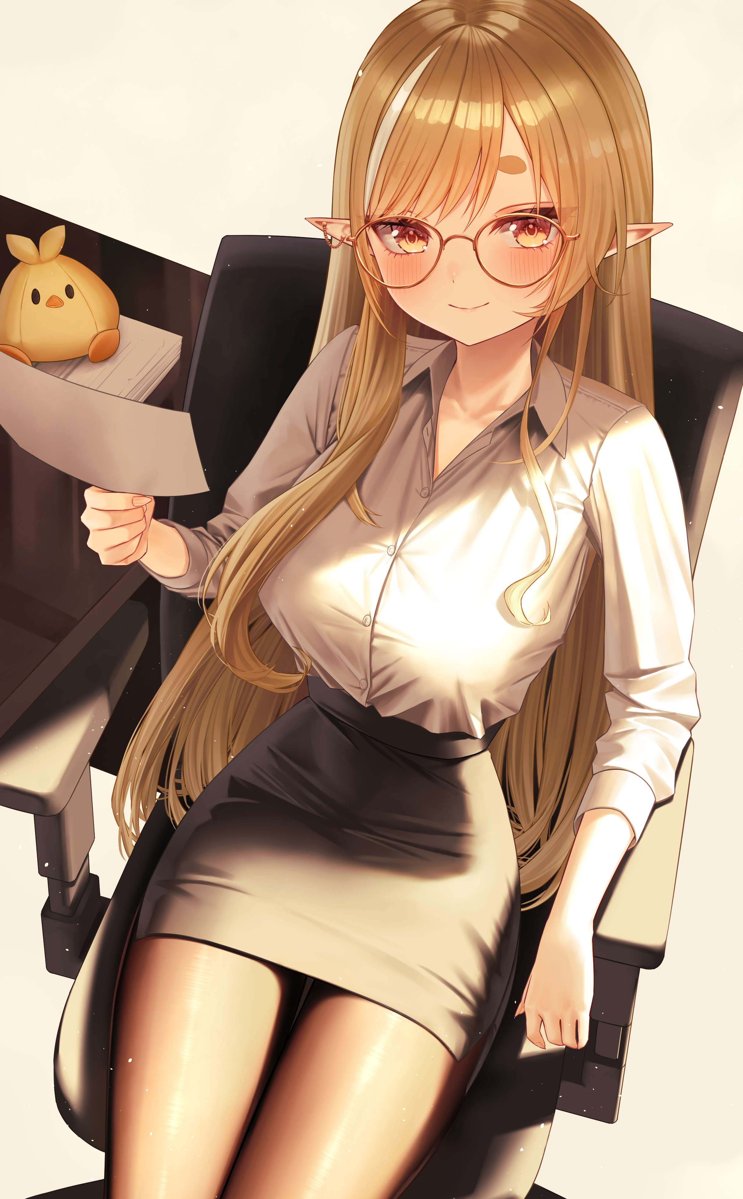 menchi rishio, kamogumi (kanna yanagi), kanna yanagi, glitch stars, absurdres, highres, 1girl, black skirt, blonde hair, blush, breasts, buttons, chair, closed mouth, collared shirt, holding, holding paper, long hair, multicolored hair, office lady, on chair, pantyhose, paper, pointy ears, shirt, sitting, skirt, streaked hair, virtual youtuber, white hair, white shirt, yellow eyes