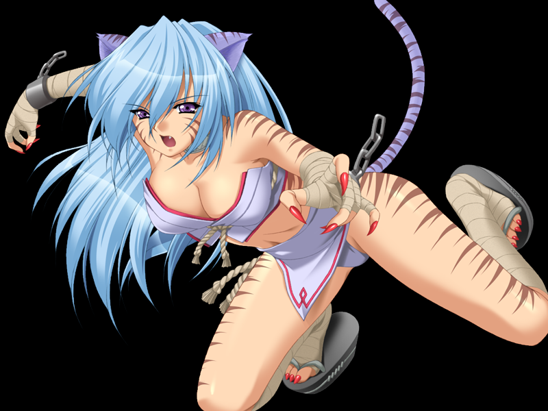 ikazuchi no senshi raidy, 1girl, animal ears, blue hair, breasts, cat ears, cat tail, chain, claws, cleavage, fangs, female focus, long hair, purple eyes, simple background, solo, tail, thighhighs, weretiger