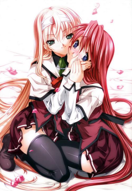 2girls, blonde hair, blue eyes, blush, green eyes, long hair, multiple girls, red hair, school uniform, smile, thighhighs