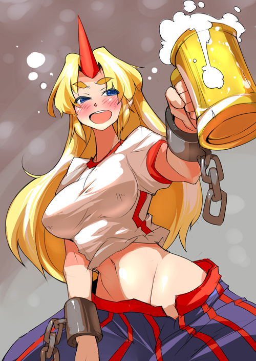 ario, hoshiguma yuugi, touhou, eyebrows, 1girl, alcohol, beer, blonde hair, blue eyes, blush, breasts, chain, cuffs, drunk, female focus, groin, horns, long hair, midriff, no panties, oni, open mouth, shackles, single horn, skirt, smile, solo