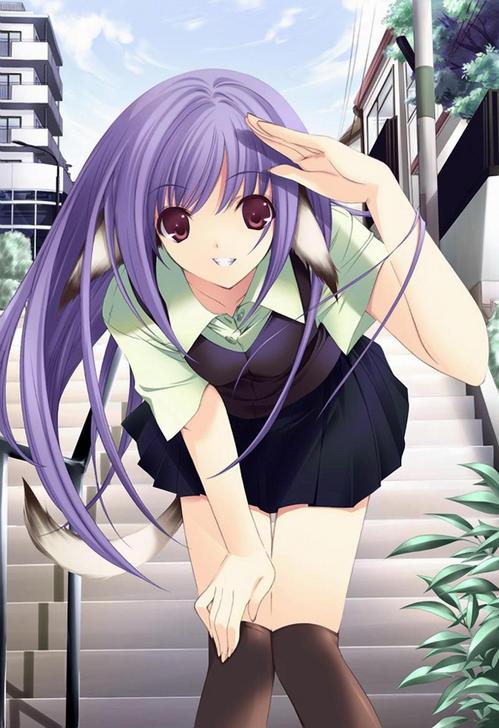 tagme, brown eyes, happy, long hair, purple hair, school uniform