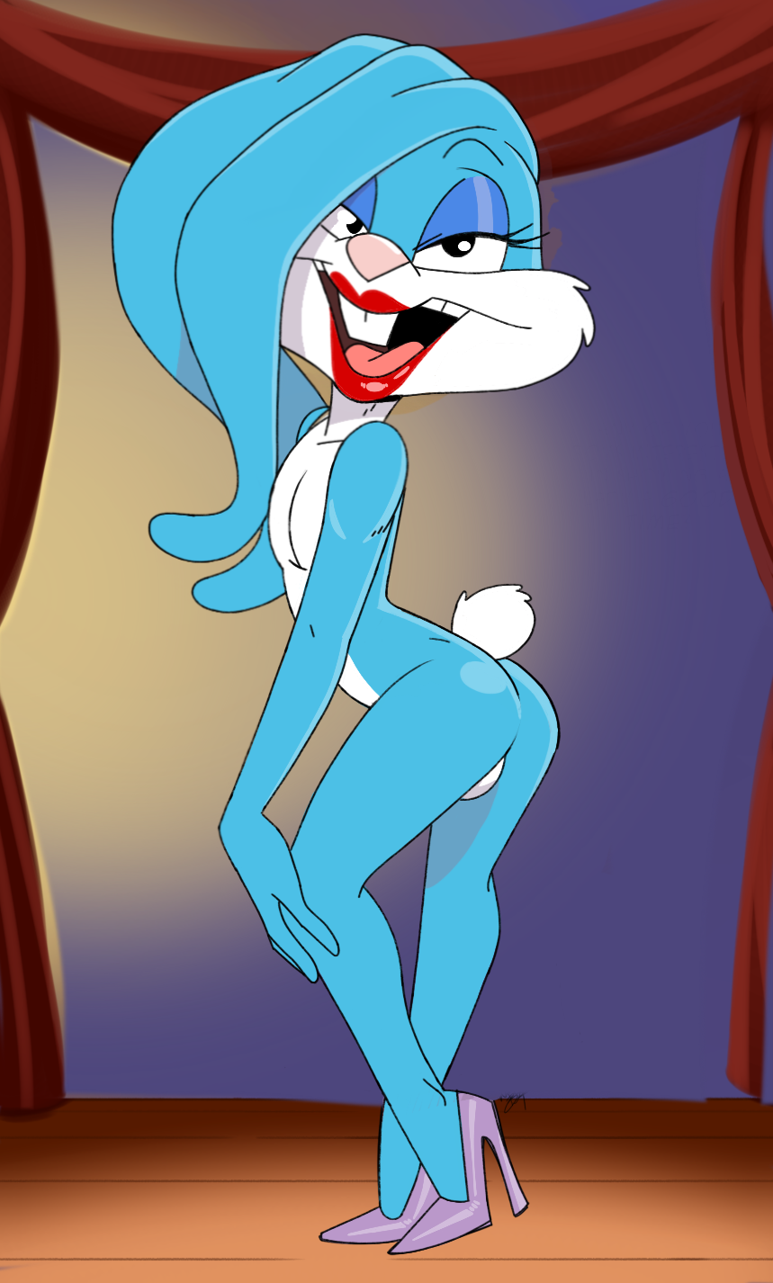 aeolus, buster bunny, tiny toon adventures, highres, third-party edit, 1boy, blue fur, crossdressing, crossdressing (mtf), high heels, looking at viewer, male focus, nude