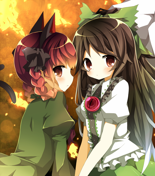 chiruku, kaenbyou rin, reiuji utsuho, touhou, bad id, bad pixiv id, 2girls, animal ears, braid, brown hair, cat ears, cat girl, cat tail, dress, female focus, hair ribbon, long hair, multiple girls, red eyes, red hair, ribbon, skirt, tail, twin braids, wings