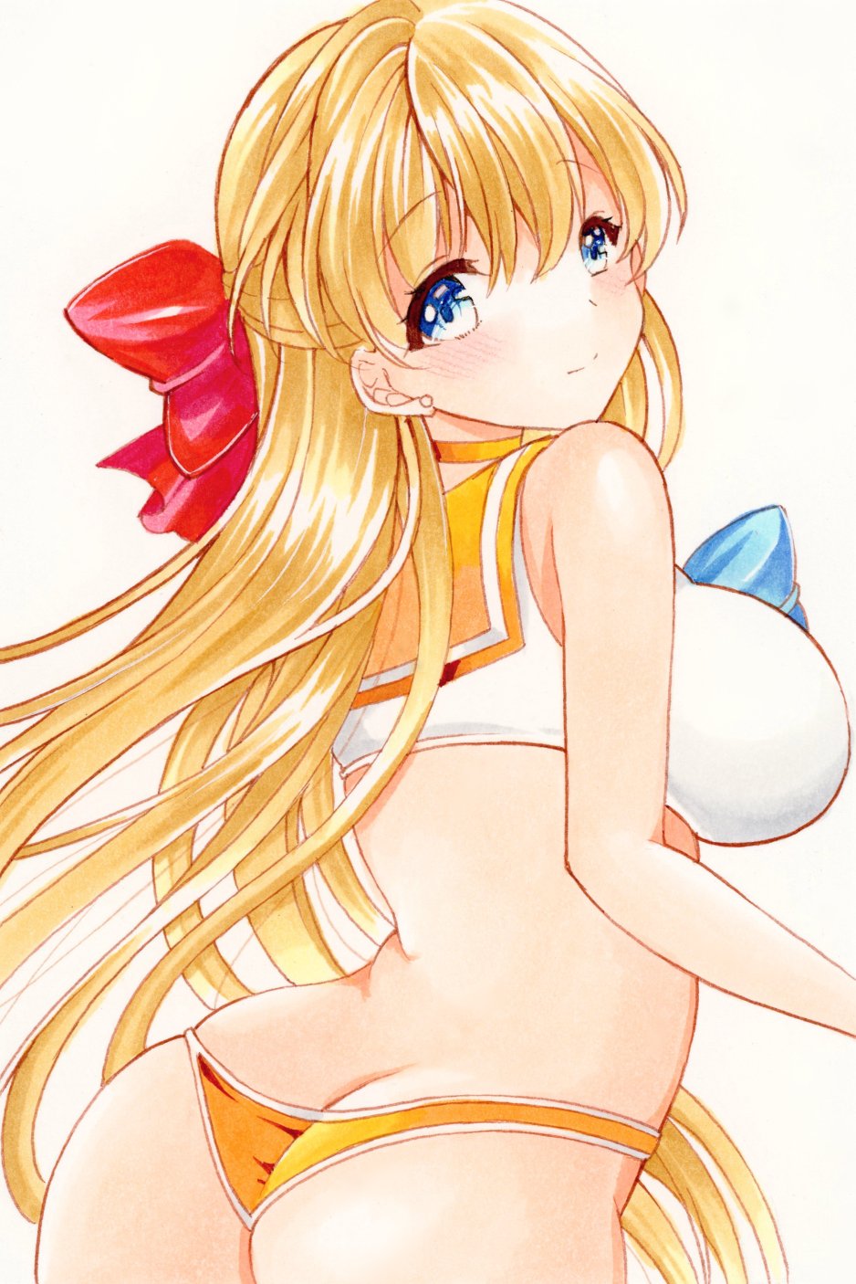 mitsugetsu suzu, aino minako, sailor venus, bishoujo senshi sailor moon, highres, 1girl, ass, bare shoulders, bikini, blonde hair, blush, bow, breasts, earrings, jewelry, large breasts, long hair, looking back, red bow, sailor bikini, sailor collar, sleeveless, swimsuit, very long hair, white background
