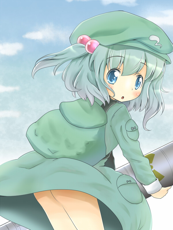 aiba kou, kawashiro nitori, touhou, 1girl, ass, backpack, bag, blue eyes, blue hair, bomb, dress, explosive, female focus, gradient background, hair bobbles, hair ornament, hat, matching hair/eyes, outdoors, short hair, sky, solo, twintails, two side up