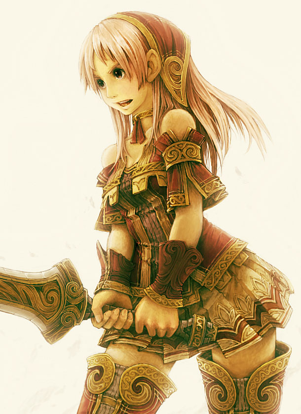 dorayuki, 1girl, armor, bare shoulders, bracer, breasts, collarbone, cowboy shot, cropped legs, female focus, headband, holding, holding weapon, long hair, looking to the side, pink hair, red eyes, simple background, solo, sword, thighhighs, weapon, zettai ryouiki
