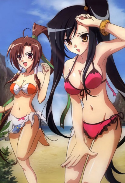 koihime musou, 00s, beach, bikini, black hair, blush, bra, bracelet, breasts, brown eyes, brown hair, cleavage, hand over head, jewelry, lingerie, long hair, navel, swimsuit, underwear