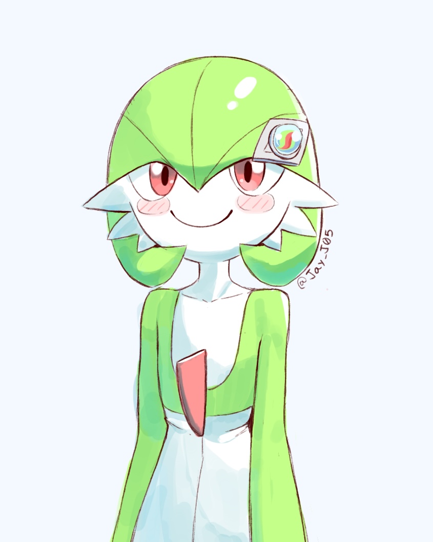 jay j05, gardevoir, nintendo, pokemon, pokemon (anime), poketoon, commentary, english commentary, arms at sides, blue background, blush, blush stickers, closed mouth, collarbone, colored skin, gen 3 pokemon, hair ornament, hairclip, looking at viewer, mega stone, no humans, pokemon (creature), pokemon focus, red eyes, simple background, smile, solo, twitter username, upper body, white skin