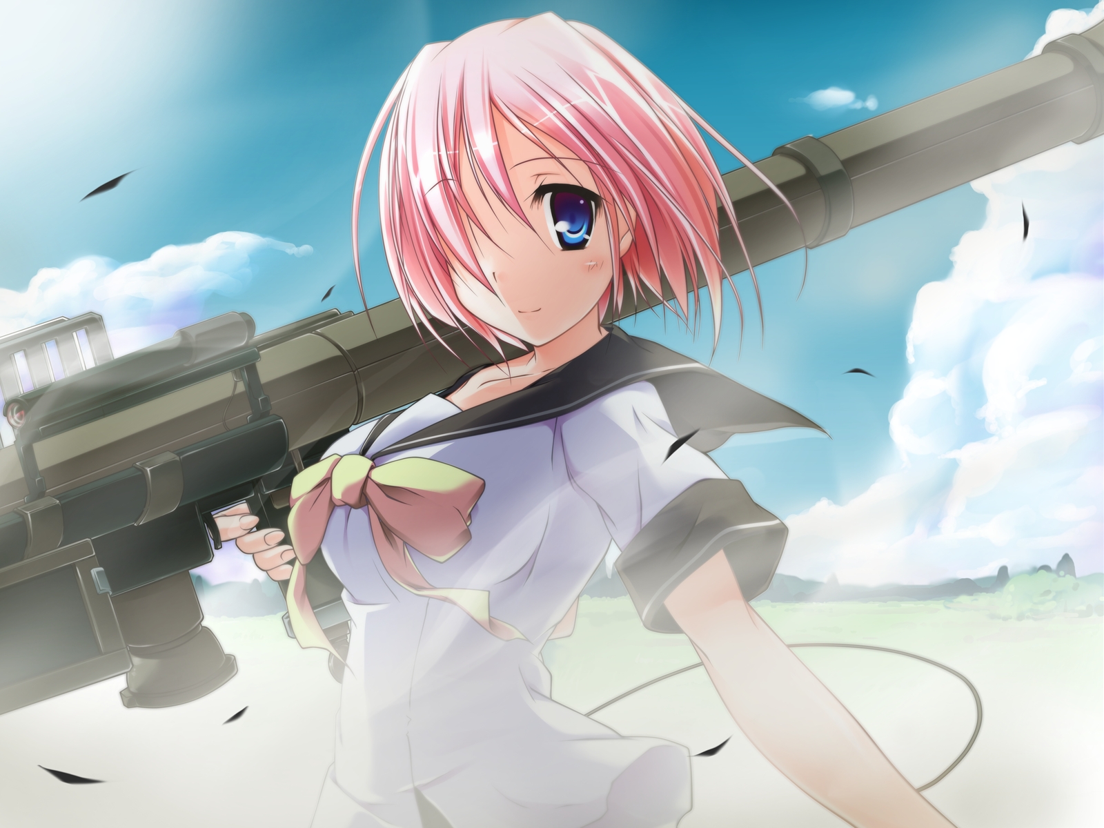 t-ray, sparkle!!, highres, 1girl, blue eyes, cloud, day, female focus, fim-92 stinger, gun, hair over one eye, man-portable air-defense system, missile launcher, pink hair, ribbon, rocket launcher, school uniform, serafuku, short hair, sky, smile, solo, weapon