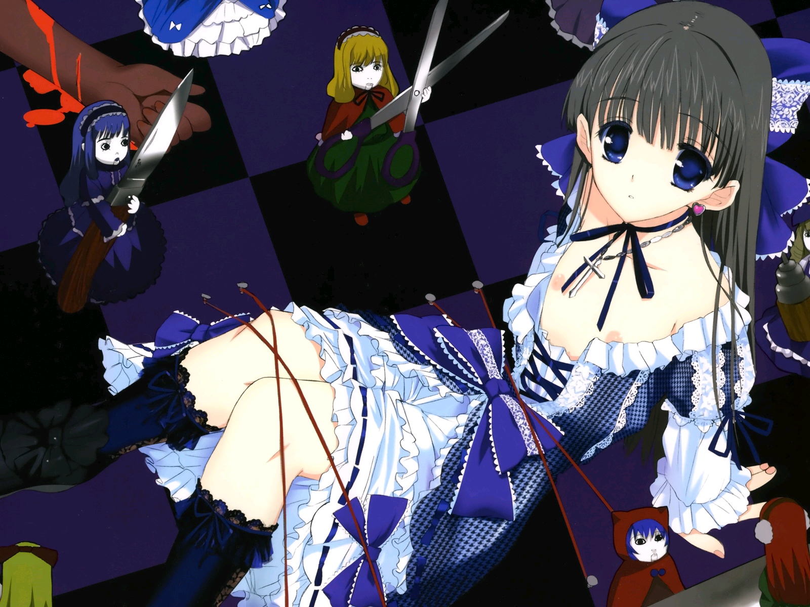 kusaka souji, highres, black hair, blood, blue eyes, doll, frills, goth fashion, knife, long hair, scissors, trap