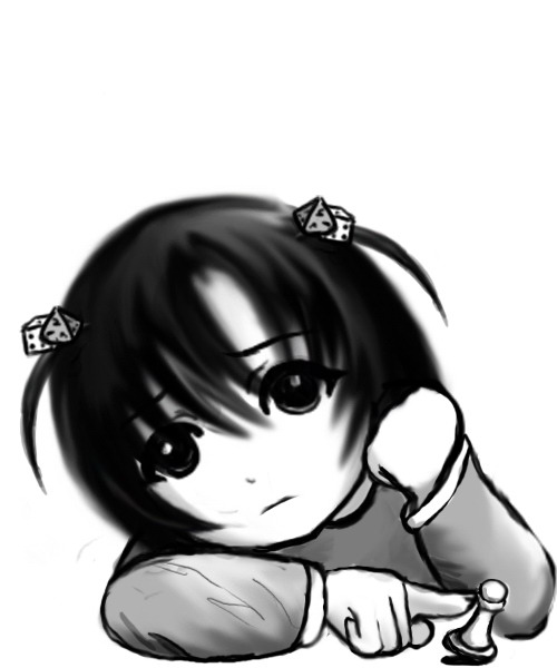 board game, chess, child, dice, greyscale, hair bobbles, hair ornament, monochrome, simple background, solo