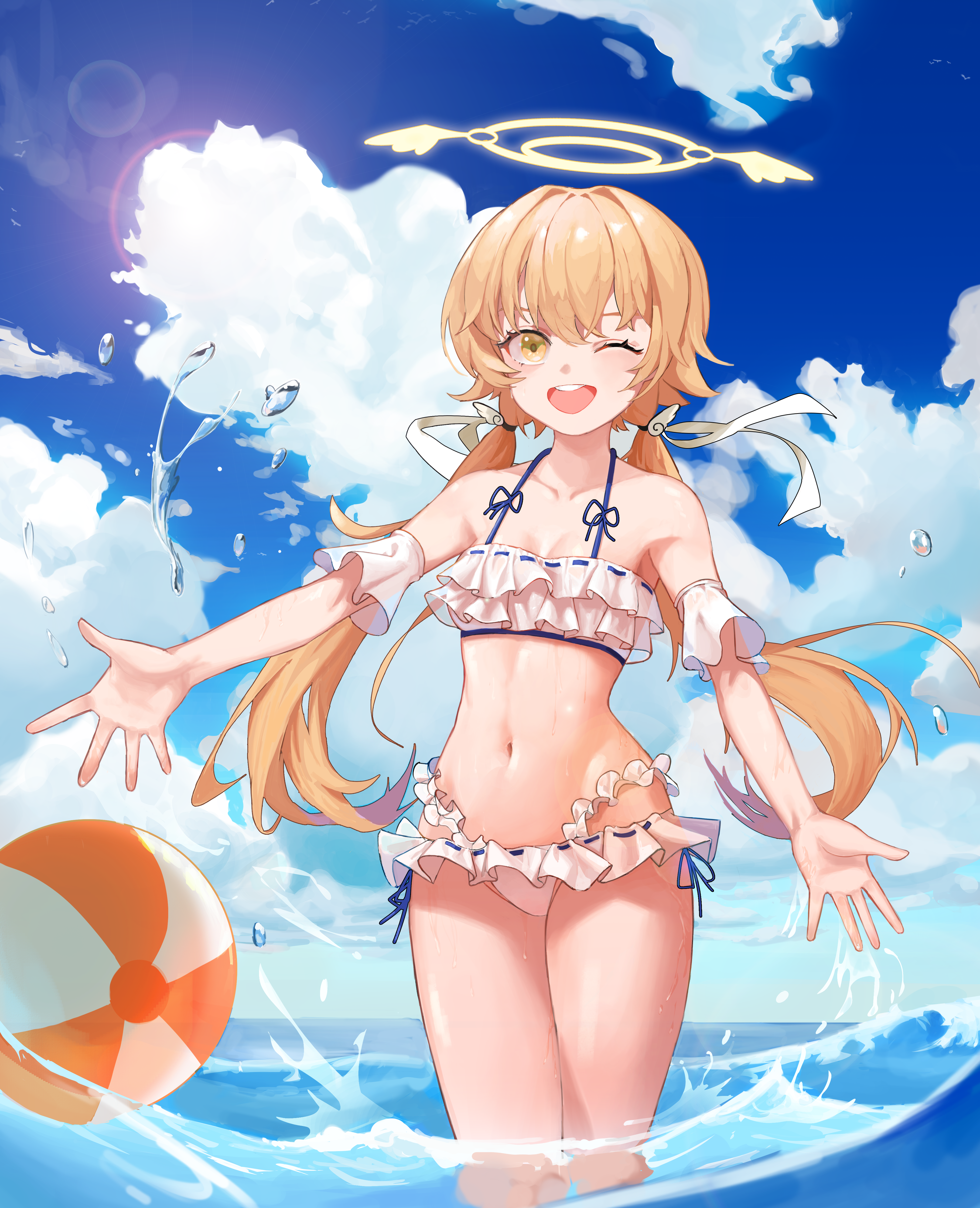 juice gukbap, hifumi (blue archive), hifumi (swimsuit) (blue archive), blue archive, absurdres, commentary, highres, 1girl, ;d, ball, bare shoulders, beachball, bikini, blue sky, blush, breasts, brown hair, cloud, collarbone, cowboy shot, cumulonimbus cloud, day, frilled bikini, frills, hair ornament, hair ribbon, halo, halterneck, happy, lens flare, long hair, looking at viewer, low twintails, navel, ocean, official alternate costume, one eye closed, open mouth, outdoors, outstretched hand, ribbon, ribbon-trimmed bikini, ribbon trim, round teeth, ruffle bikini, shiny skin, sky, small breasts, smile, solo, stomach, swimsuit, teeth, thighs, twintails, upper teeth only, very long hair, wading, water, white bikini, white ribbon, wing hair ornament, winged halo, yellow eyes, yellow halo