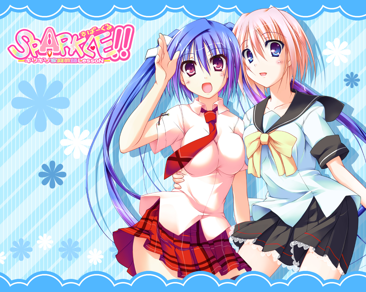 t-ray, sparkle!!, 2girls, aqua eyes, blue eyes, blue hair, blush, breast press, breasts, collarbone, flower, hair ornament, impossible clothes, impossible shirt, large breasts, long hair, multicolored hair, multiple girls, necktie, open mouth, pink eyes, pink hair, plaid clothes, plaid skirt, pleated skirt, purple eyes, purple hair, red necktie, ribbon, school uniform, serafuku, shirt, short hair, skirt, smile, standing, symmetrical docking, twintails, two-tone hair, very long hair, waving