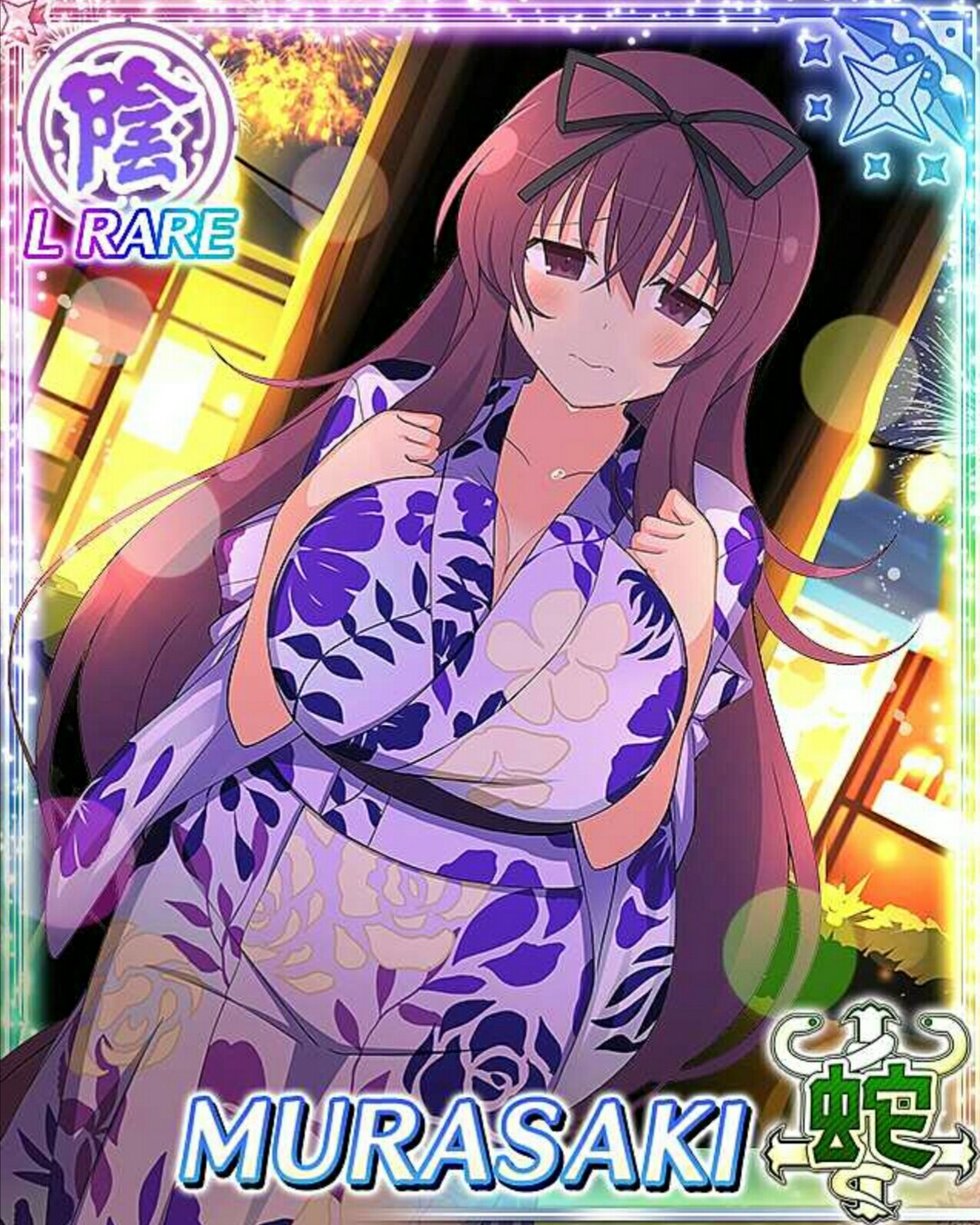 murasaki (senran kagura), senran kagura, senran kagura new wave, game cg, highres, non-web source, official art, 1girl, black ribbon, blush, breasts, card (medium), cleavage, closed mouth, floral print, floral print kimono, hair ribbon, huge breasts, japanese clothes, kimono, long hair, looking at viewer, night, official alternate costume, print kimono, purple eyes, purple hair, purple kimono, ribbon, solo, summer festival, sweat, very long hair