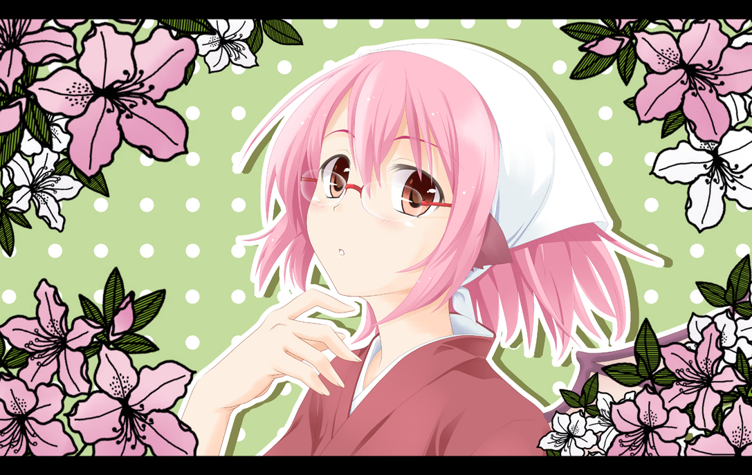 ogami kazuki, mystia lorelei, okamisty, touhou, bad id, bad pixiv id, 1girl, bespectacled, female focus, flower, glasses, japanese clothes, letterboxed, pink eyes, pink hair, red-framed eyewear, solo