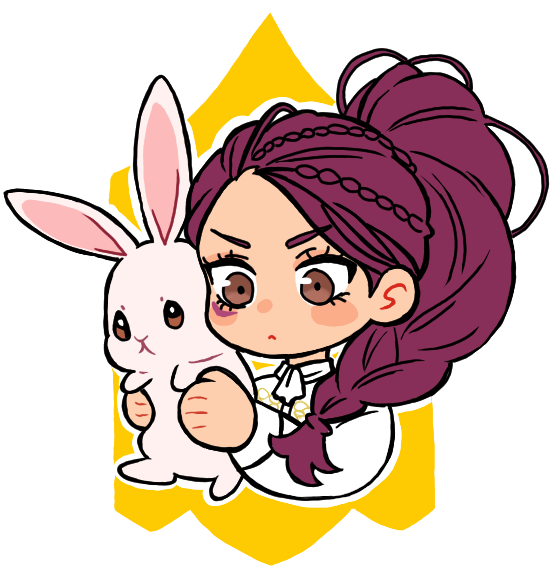 nekomoni, petra macneary, fire emblem, fire emblem: three houses, nintendo, 1girl, braid, braided ponytail, chibi, chibi only, dark-skinned female, dark skin, facial mark, garreg mach monastery uniform, hair pulled back, long hair, ponytail, purple hair, rabbit, solo