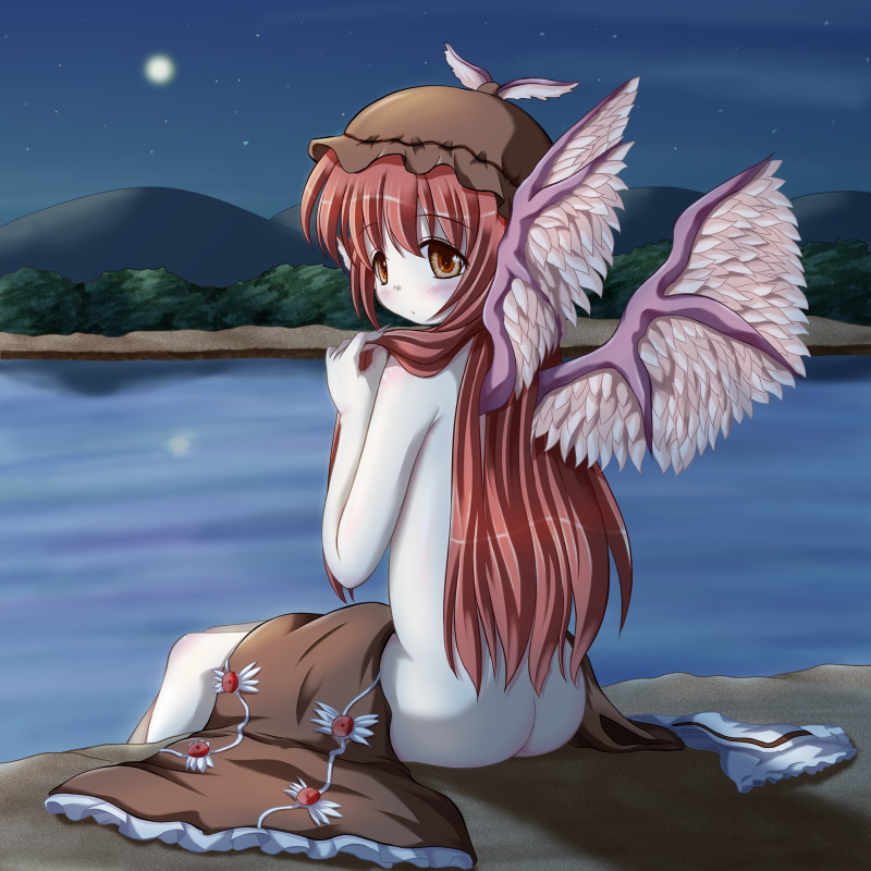 riku (rikkuru), mystia lorelei, touhou, 1girl, aged up, alternate hair length, alternate hairstyle, animal ears, ass, blush, brown eyes, female focus, hat, loli, long hair, looking back, moon, night, nude, pink hair, sitting, soaking feet, solo, water, wings