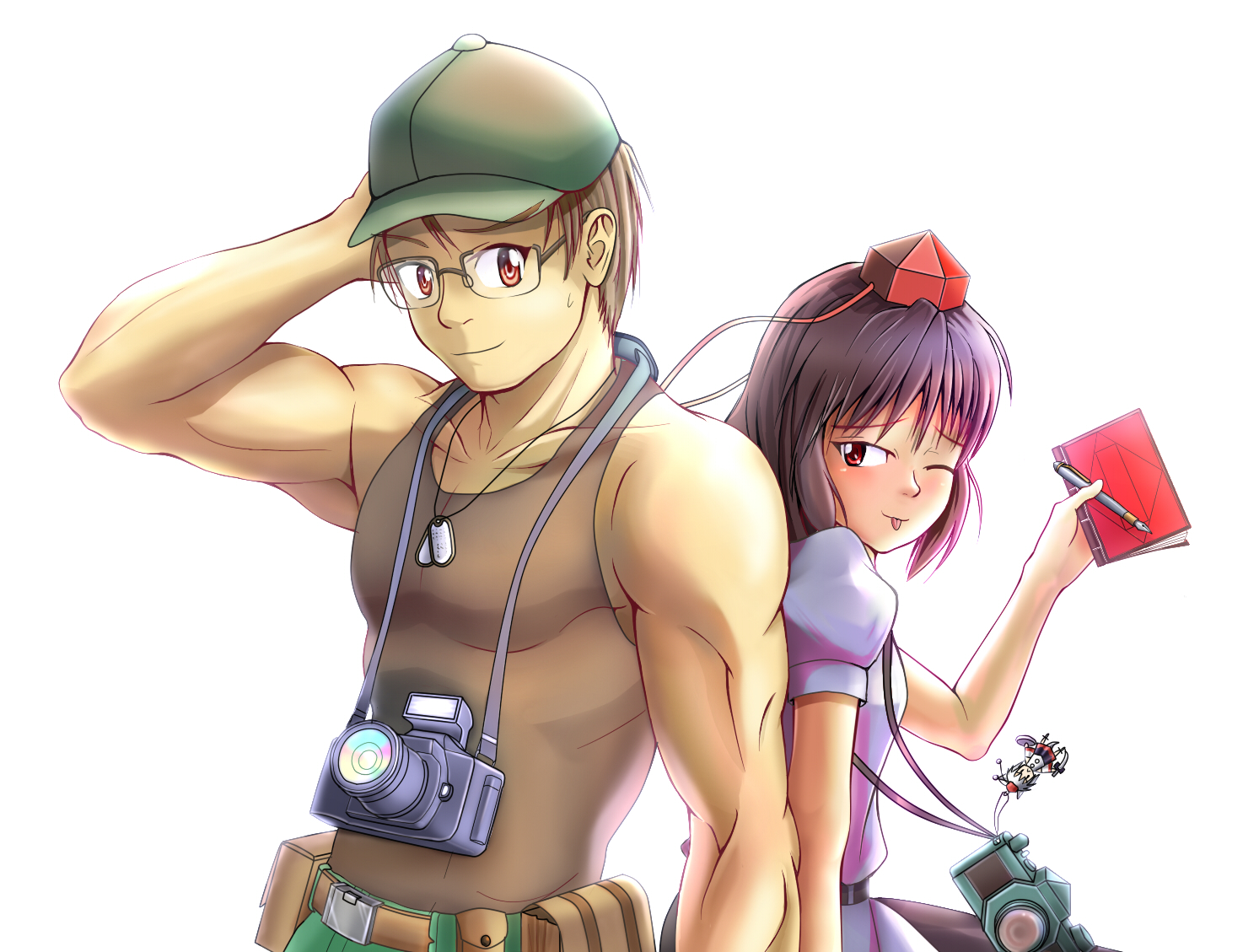 hinami (hinatamizu), inubashiri momiji, shameimaru aya, tomitake jirou, higurashi no naku koro ni, touhou, bad id, bad pixiv id, 00s, 1boy, 1girl, back-to-back, camera, crossover, dog tags, hat, muscular, notebook, pen, tokin hat, tongue, trait connection