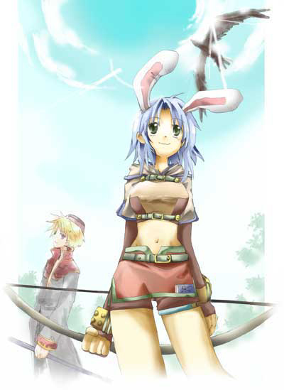 hunter (ragnarok online), priest (ragnarok online), ragnarok online, commentary request, 1boy, 1girl, 2000s (style), animal ears, belt, beretta de camera, bird, black coat, blonde hair, blue hair, blue sky, bow (weapon), breasts, brown gloves, brown hat, brown shirt, brown shorts, brown skirt, closed mouth, coat, cowboy shot, crop top, elbow gloves, fake animal ears, falcon, fingerless gloves, gloves, green belt, green eyes, hat, holding, holding bow (weapon), holding weapon, long sleeves, medium breasts, medium hair, midriff, miniskirt, multicolored coat, muroichi, navel, outdoors, rabbit ears, red coat, shirt, short hair, short shorts, short sleeves, shorts, shorts under skirt, skirt, sky, smile, two-tone coat, weapon
