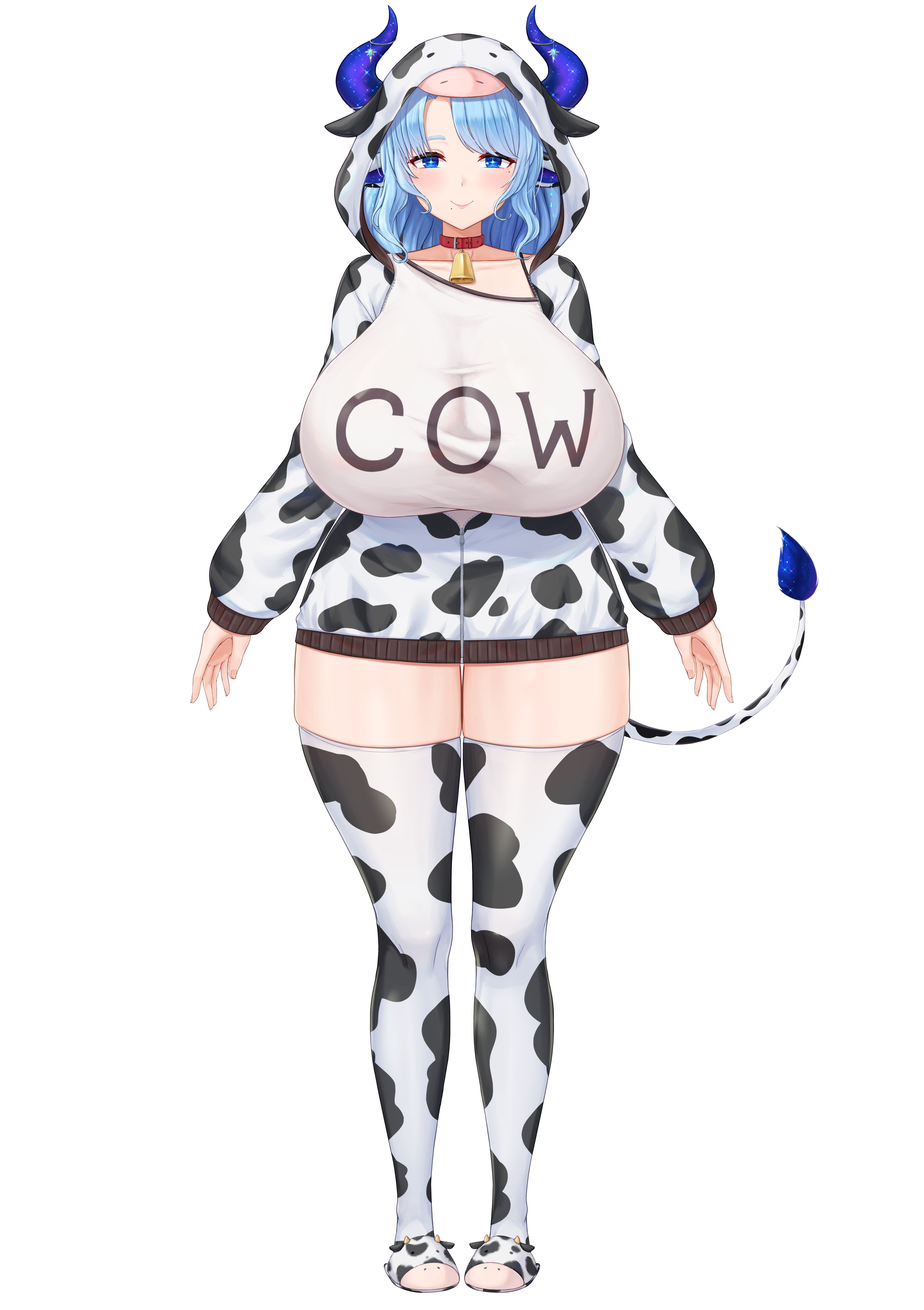 cream cod, miilkywayz, indie virtual youtuber, absurdres, highres, official art, 1girl, animal collar, animal ears, animal print, animal slippers, arms at sides, bell, blue eyes, blue hair, blue pupils, blush, breasts, bright pupils, closed mouth, clothes writing, collar, collarbone, cow ears, cow girl, cow horns, cow print, cow print jacket, cow print thighhighs, cow tail, cowbell, dot nose, full body, horn ornament, horns, huge breasts, jacket, lips, long sleeves, looking at viewer, mole, mole under eye, mole under mouth, parted bangs, partially unzipped, print jacket, print thighhighs, purple horns, shirt, sidelocks, slippers, solo, standing, star-shaped pupils, star (symbol), straight-on, symbol-shaped pupils, tachi-e, tail, tareme, taut clothes, taut shirt, thighhighs, transparent background, virtual youtuber, white shirt, wide hips, zipper, zipper pull tab