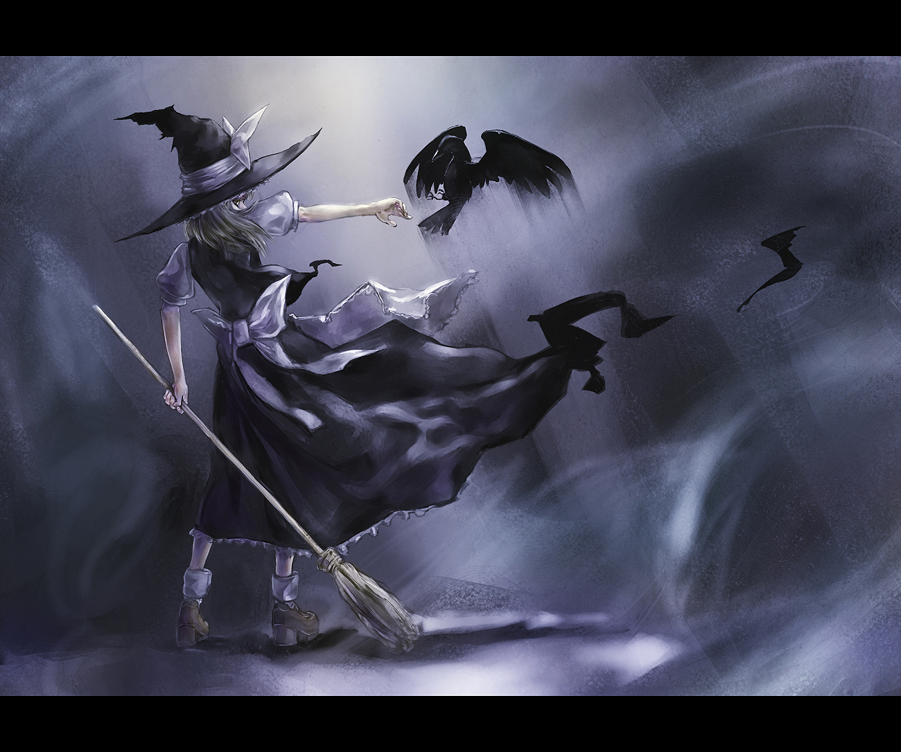 kath, kirisame marisa, touhou, 1girl, bird, blonde hair, broom, female focus, from behind, hat, letterboxed, looking back, outstretched arm, solo, standing, witch, witch hat, yellow eyes