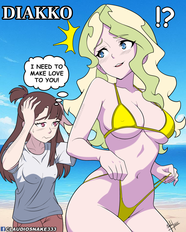 diana cavendish, kagari atsuko, little witch academia, translated, !?, 2girls, beach, bikini, blonde hair, blue eyes, blush, breasts, brown hair, claudiosnake333, cloud, covered erect nipples, green hair, hands on own head, large breasts, long hair, multicolored hair, multiple girls, navel, outdoors, pink shorts, ponytail, pulling own clothes, red eyes, shirt, shorts, signature, sky, spanish text, speech bubble, swimsuit, thought bubble, two-tone hair, white shirt, yellow bikini