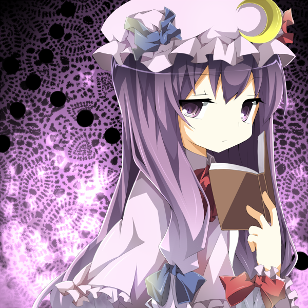 chiruku, patchouli knowledge, touhou, bad id, bad pixiv id, 1girl, book, female focus, hat, long hair, purple eyes, purple hair, ribbon, solo