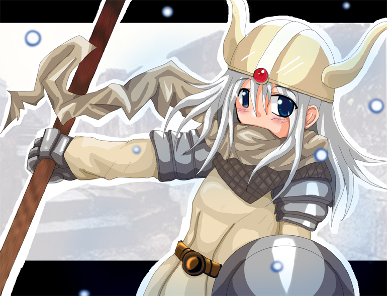 tabako, knight (ragnarok online), ragnarok online, commentary request, 1girl, 2000s (style), armor, blue eyes, blush, chainmail, energy ball, fake horns, gauntlets, grey hair, grey scarf, helmet, holding, holding polearm, holding shield, holding weapon, horned helmet, horns, letterboxed, long hair, long sleeves, looking at viewer, outside border, pauldrons, polearm, scarf, shield, shirt, shoulder armor, solo, spear, upper body, weapon, white shirt