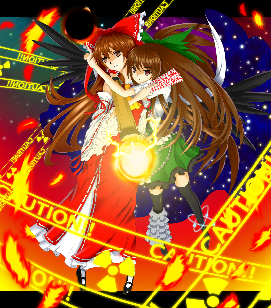 kamumiya, s-anast-xpsp3, hakurei reimu, reiuji utsuho, touhou, highres, 2girls, arm cannon, brown hair, detached sleeves, female focus, fire, japanese clothes, long hair, miko, multiple girls, ribbon, skirt, weapon, wings
