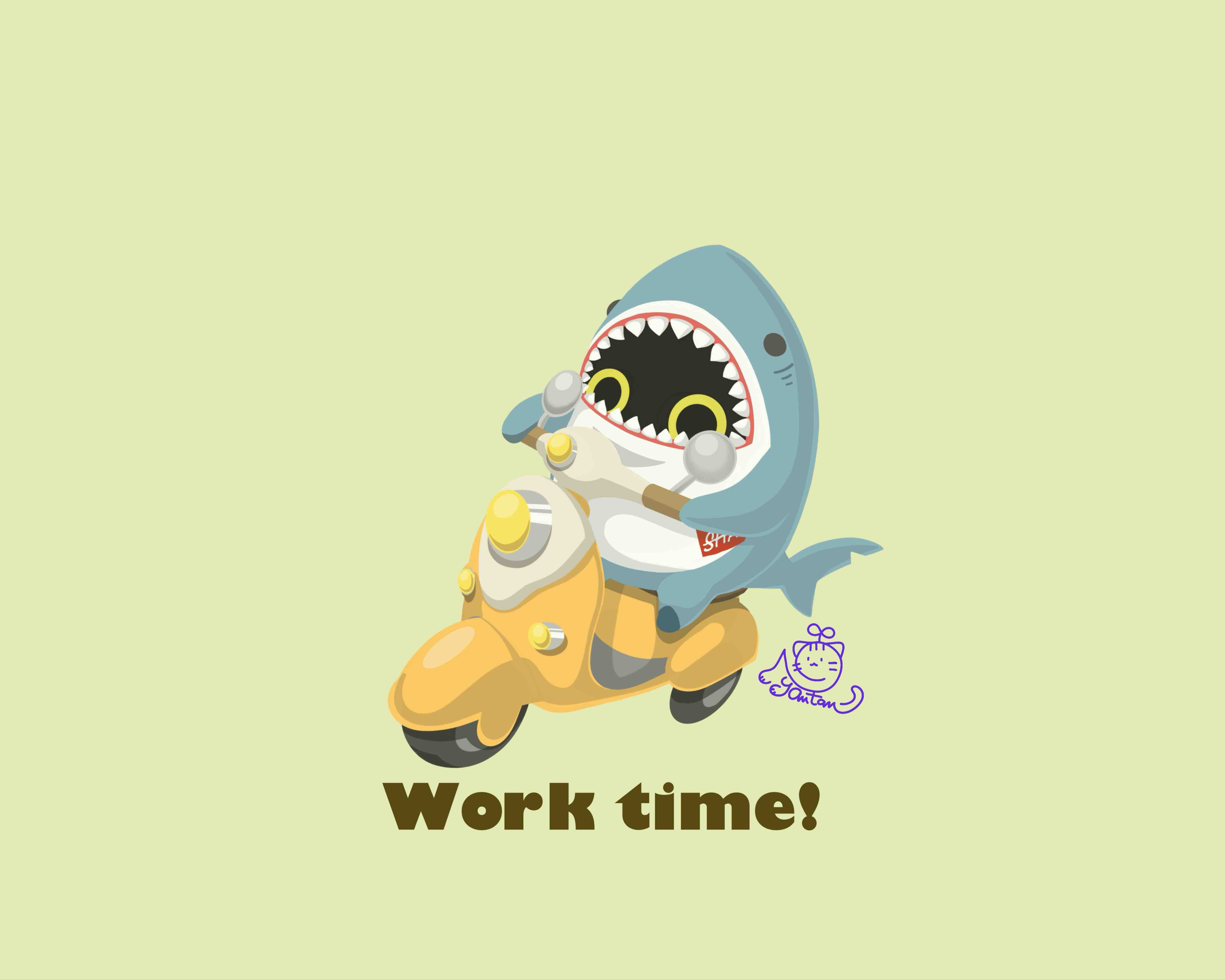 bangboo (zenless zone zero), sharkboo (zenless zone zero), zenless zone zero, absurdres, commentary request, highres, 1other, animal costume, artist name, english text, from side, green background, motor vehicle, no humans, nyantan 3, riding, riding scooter, scooter, shark costume, sharp teeth, sitting, teeth
