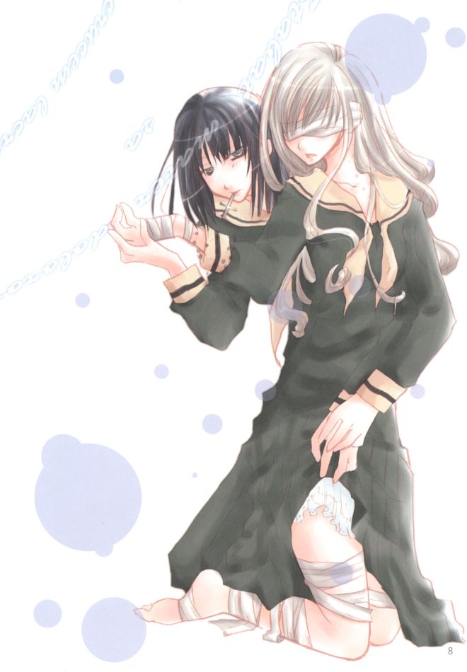 nijou noriko, toudou shimako, maria-sama ga miteru, 00s, 2girls, barefoot, black hair, blonde hair, full body, green skirt, kneeling, long skirt, long sleeves, multiple girls, necktie, sidelocks, simple background, skirt, white background