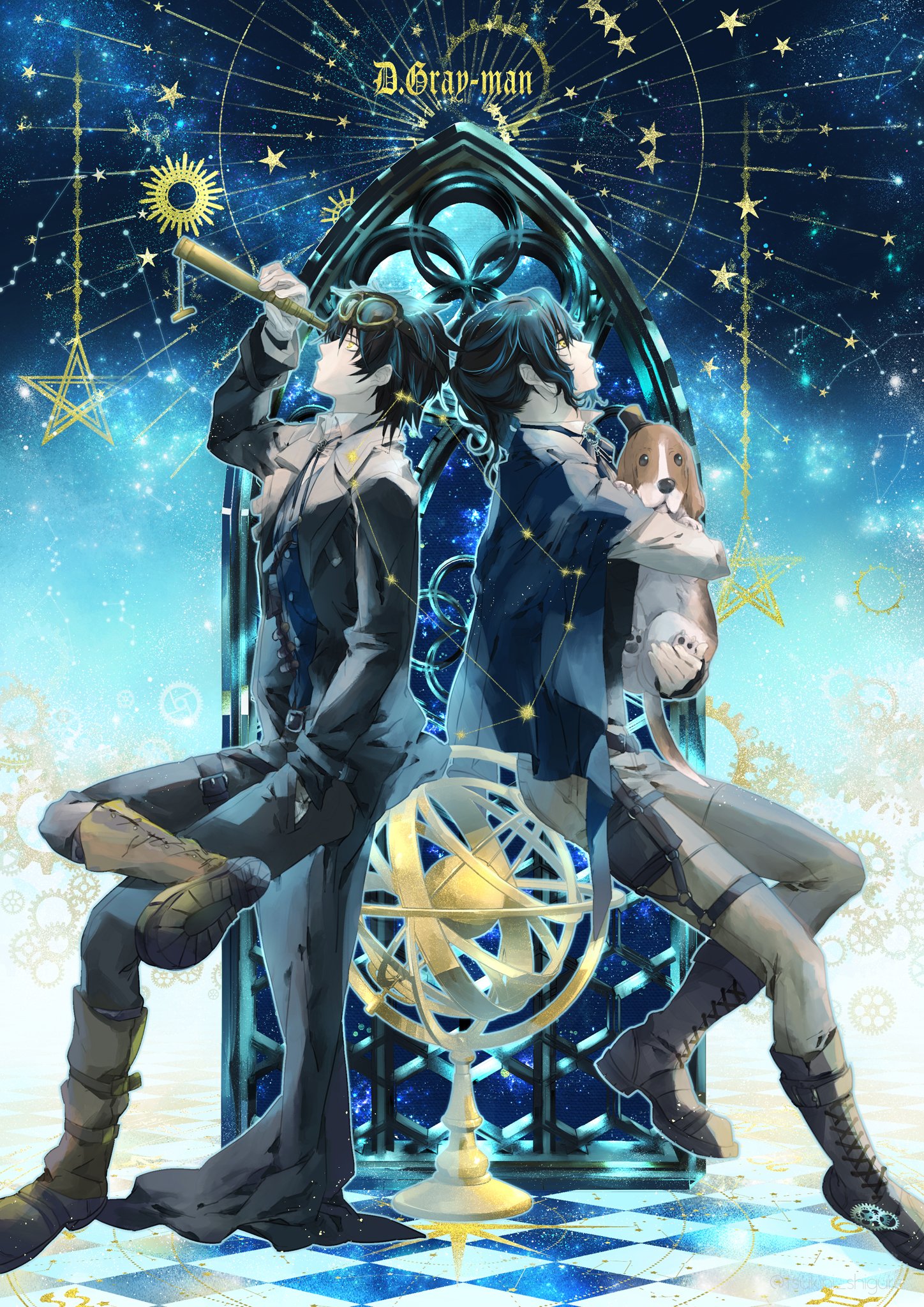 tsukini shigure, mana walker, d.gray-man, highres, 2boys, allen (dog) (d.gray-man), animal, armillary sphere, belt, black coat, black hair, black hat, black pants, black vest, blue background, blue ribbon, blue robe, blue vest, boots, brothers, brown boots, checkered floor, coat, collared shirt, crossed legs, dog, facing to the side, gears, gloves, gradient background, hair between eyes, hand in pocket, hat, holding, holding animal, holding dog, holding telescope, light smile, long coat, long sleeves, looking up, male focus, messy hair, mini hat, multiple boys, nea d campbell, night, night sky, noah (d.gray-man), pants, pet, pouch, profile, ribbon, robe, shirt, short hair, siblings, sidelocks, single glove, sitting, sitting on object, sky, star (sky), star (symbol), starry sky, telescope, thigh pouch, trench coat, vest, wavy hair, white background, white gloves, white pants, white shirt, window, yellow eyes