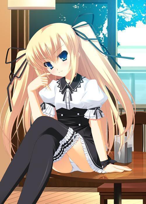 1girl, blonde hair, blue eyes, crossed legs, female focus, hair ribbon, indoors, long hair, panties, ribbon, sitting, solo, table, underwear, white panties