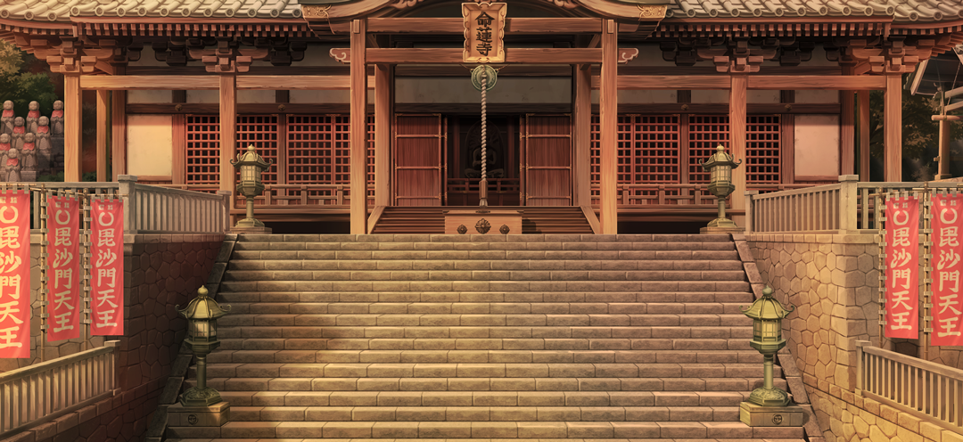 touhou, touhou gensou eclipse, game cg, non-web source, official art, translation request, architecture, banner, box, buddhism, donation box, east asian architecture, jizou, lantern, myouren temple, no humans, outdoors, rope, scenery, stairs, statue, temple, twilight