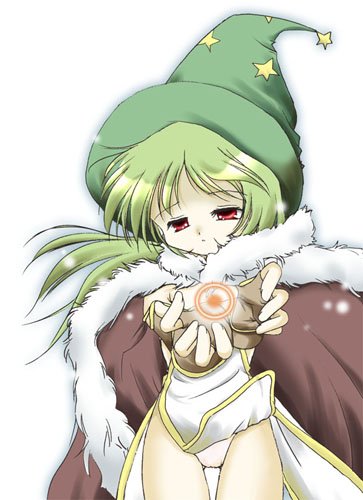koizumi ako, high wizard (ragnarok online), ragnarok online, commentary request, lowres, 1girl, 2000s (style), brown cape, brown gloves, cape, closed mouth, cowboy shot, dress, fingerless gloves, fur-trimmed cape, fur trim, gloves, green hair, green hat, half-closed eyes, hat, looking at viewer, magic, panties, pantyshot, pink panties, red eyes, short dress, simple background, solo, underwear, white background, white dress, witch hat