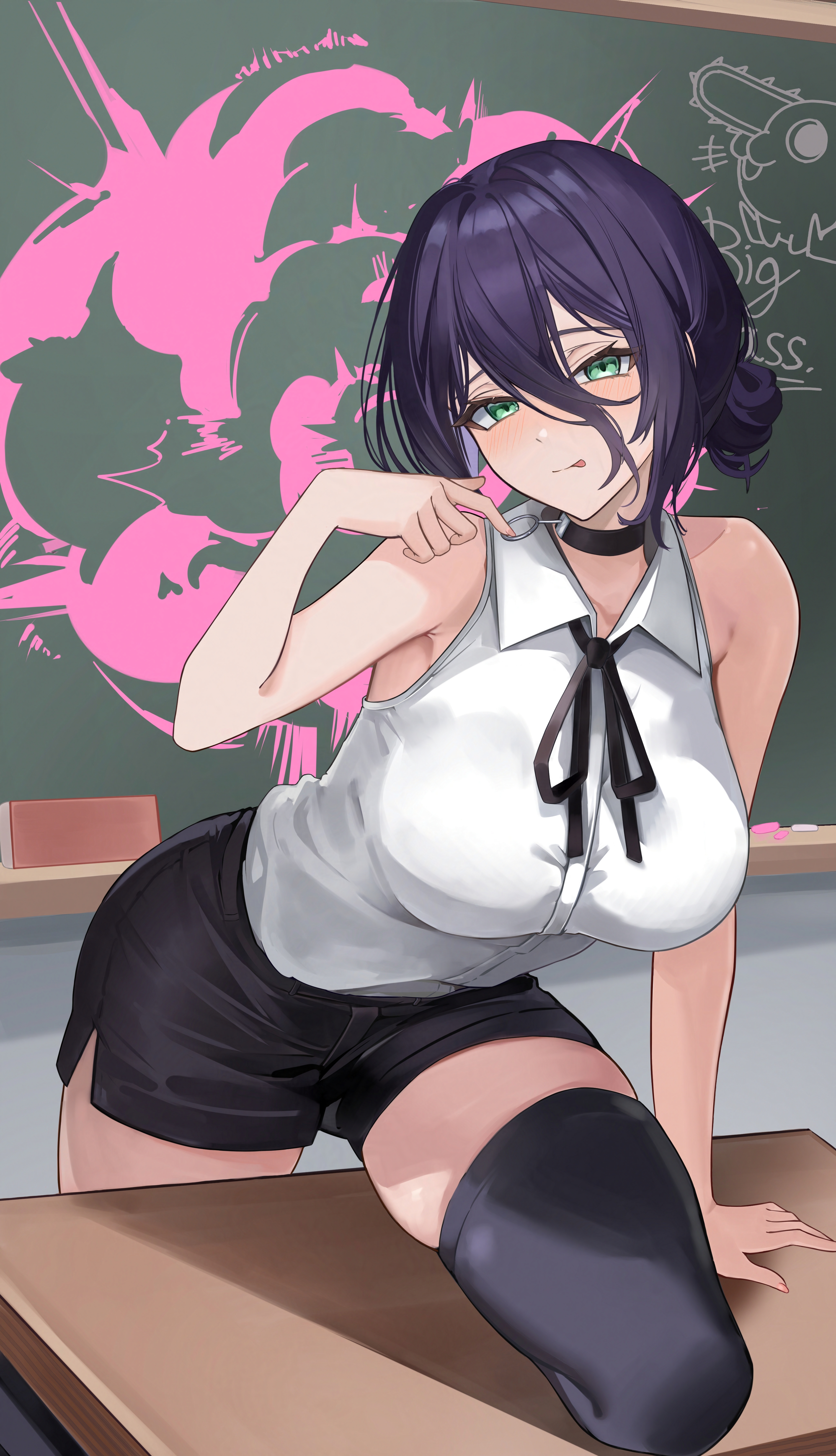 jyn jyn, pochita (chainsaw man), reze (chainsaw man), chainsaw man, absurdres, commentary, english commentary, highres, 1girl, :p, black choker, black hair, black thighhighs, breasts, chalkboard, choker, collared shirt, explosion, explosion background, green eyes, grenade pin, hair between eyes, hair bun, large breasts, looking at viewer, neck ribbon, pencil skirt, purple hair, ribbon, shirt, short hair, skirt, sleeveless, sleeveless shirt, smile, solo, thick thighs, thighhighs, thighs, tongue, tongue out, white shirt, zettai ryouiki