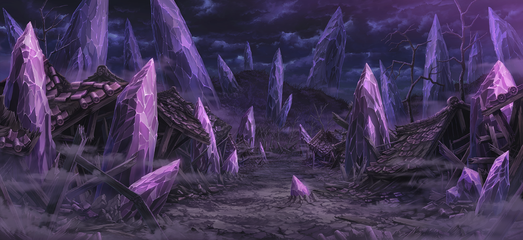 touhou, touhou gensou eclipse, game cg, non-web source, official art, bare tree, crystal, fog, no humans, outdoors, overcast, ruins, scenery, sky, tile roof, tree