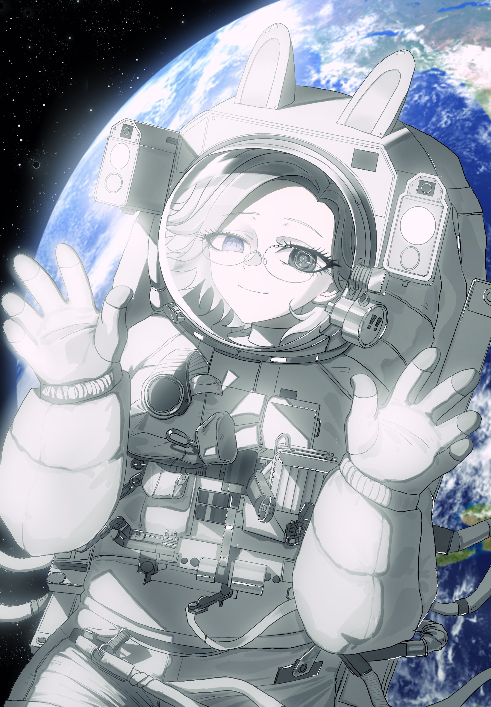 aotsuki eito, the hundred line -last defense academy-, chinese commentary, commentary request, highres, 1boy, animal ears, astronaut, fake animal ears, fusang0499, glasses, grey hair, helmet, looking at viewer, male focus, planet, purple eyes, rabbit ears, short hair, single mechanical eye, smile, solo, space, space helmet, spacesuit, zero gravity