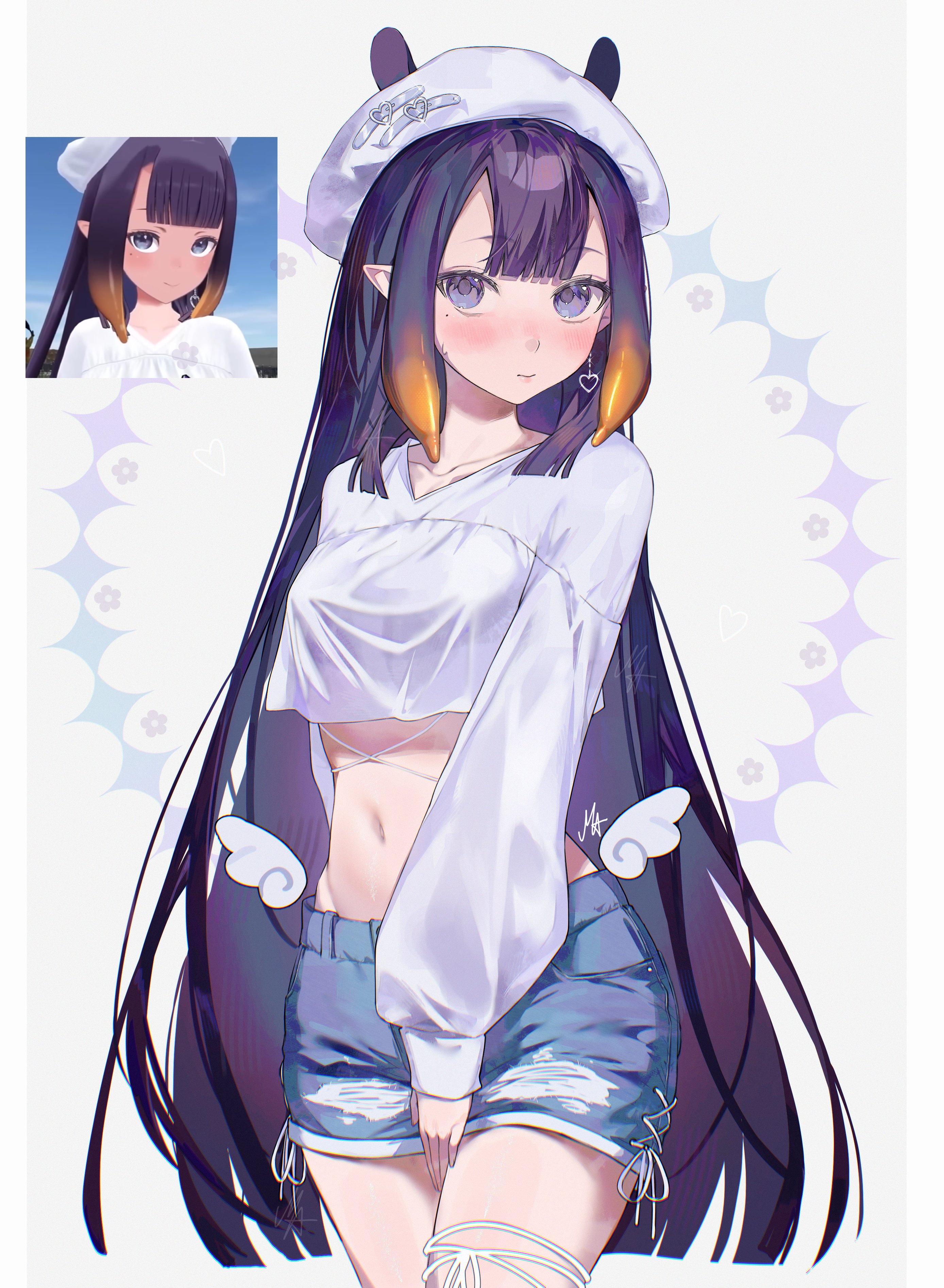 ani 019, ninomae ina'nis, hololive, hololive english, absurdres, commentary, english commentary, highres, 1girl, beret, blue eyes, blue shorts, blunt bangs, blush, breasts, center-flap bangs, cowboy shot, cropped shirt, earrings, gradient hair, hat, heart, heart earrings, jewelry, long hair, long sleeves, looking at viewer, medium breasts, midriff, multicolored hair, navel, official alternate costume, orange hair, pointy ears, puffy long sleeves, puffy sleeves, purple hair, screenshot inset, shirt, short shorts, shorts, sidelocks, sleeves past wrists, solo, straight hair, tentacle hair, torn clothes, torn shorts, v-neck, very long hair, virtual youtuber, white hat, white shirt